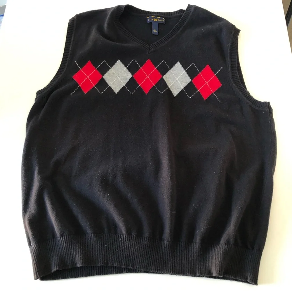 Club Room Men’s Argyle Sweater Vest L 100% Cotton Black Red Gray